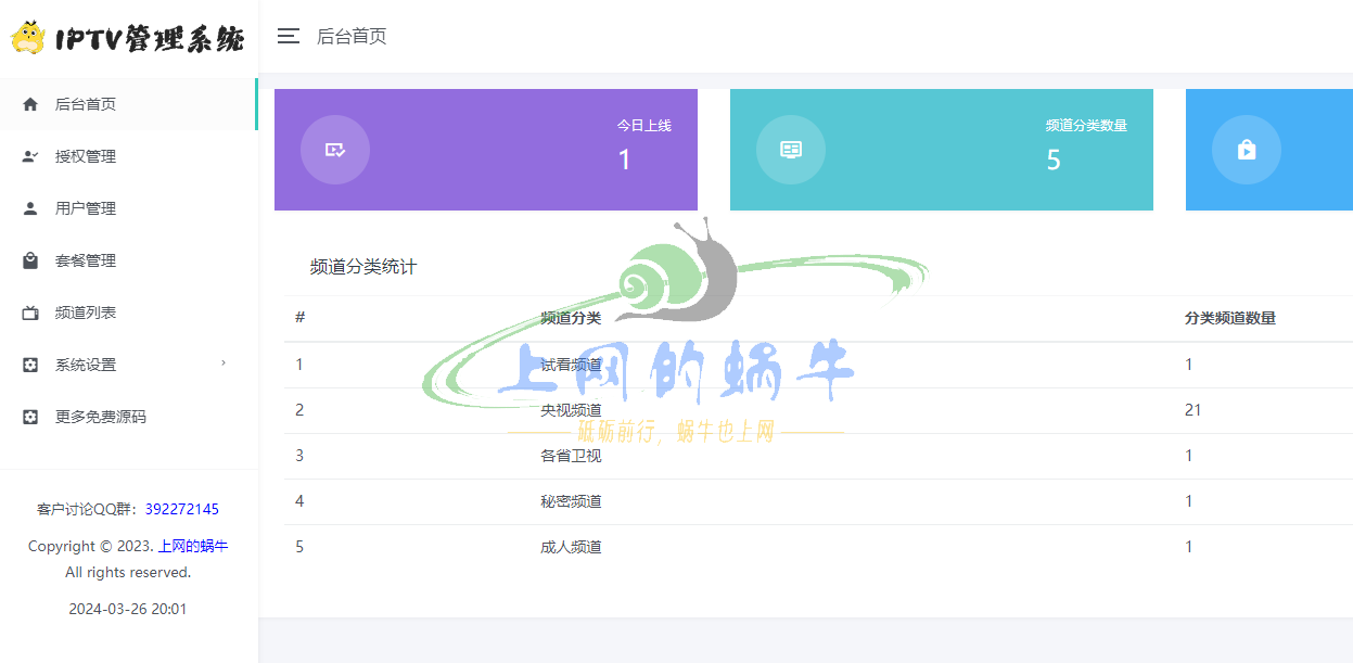 【蜗牛影视系列】IPTV直播管理系统后台对接DIYP影音 后台可直接对接自建EPG 附源码-上网的蜗牛